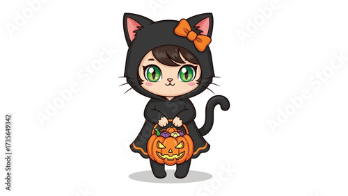 Whimsical Halloween Cat Kid: A charming illustration of a little girl in an adorable cat costume, clutching a vibrant pumpkin-shaped candy basket, embodies the joy of Halloween. 