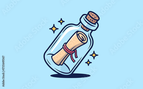 Message in a Bottle Cartoon Illustration with Rolled Paper Scroll Tied with Ribbon for Fantasy Theme or Adventure Story