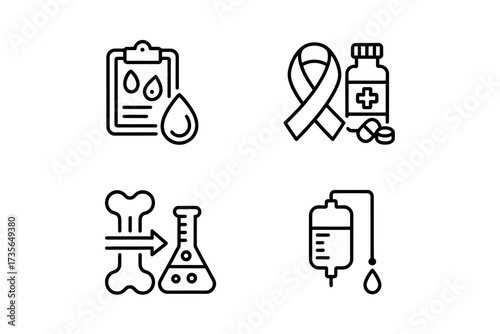 Medical Treatment and Healthcare Procedures Represented in Line Art including Blood Tests Cancer Awareness Bone Marrow Transplants and Intravenous Therapy