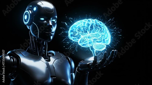 Futuristic ai robot analyzing holographic brain with digital visualization in motion