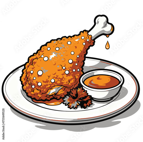 Crispy Fried Chicken Leg with Dipping Sauce on a Plate.