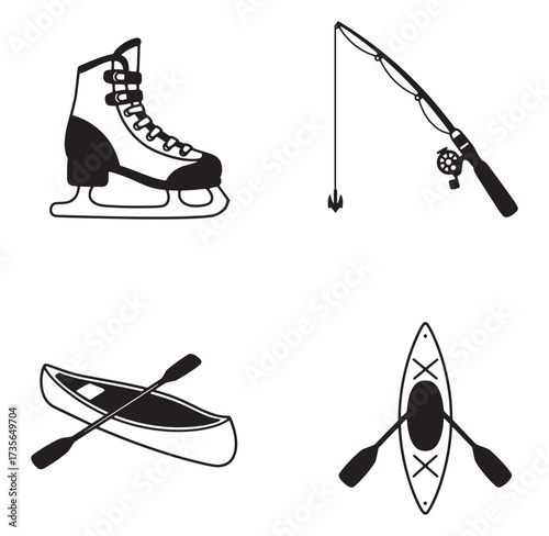 Black and white vector illustrations of outdoor activities and winter sports equipment