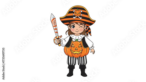 Spooky Pumpkin Pirate: A young person, dressed in an imaginative pumpkin pirate costume, gleefully wields a toy sword.