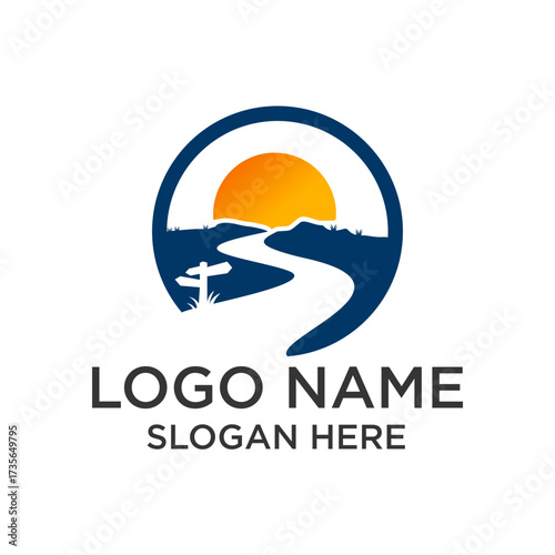 Minimalist Circle River Path Landscape Scenery Nature Symbol Logo Design