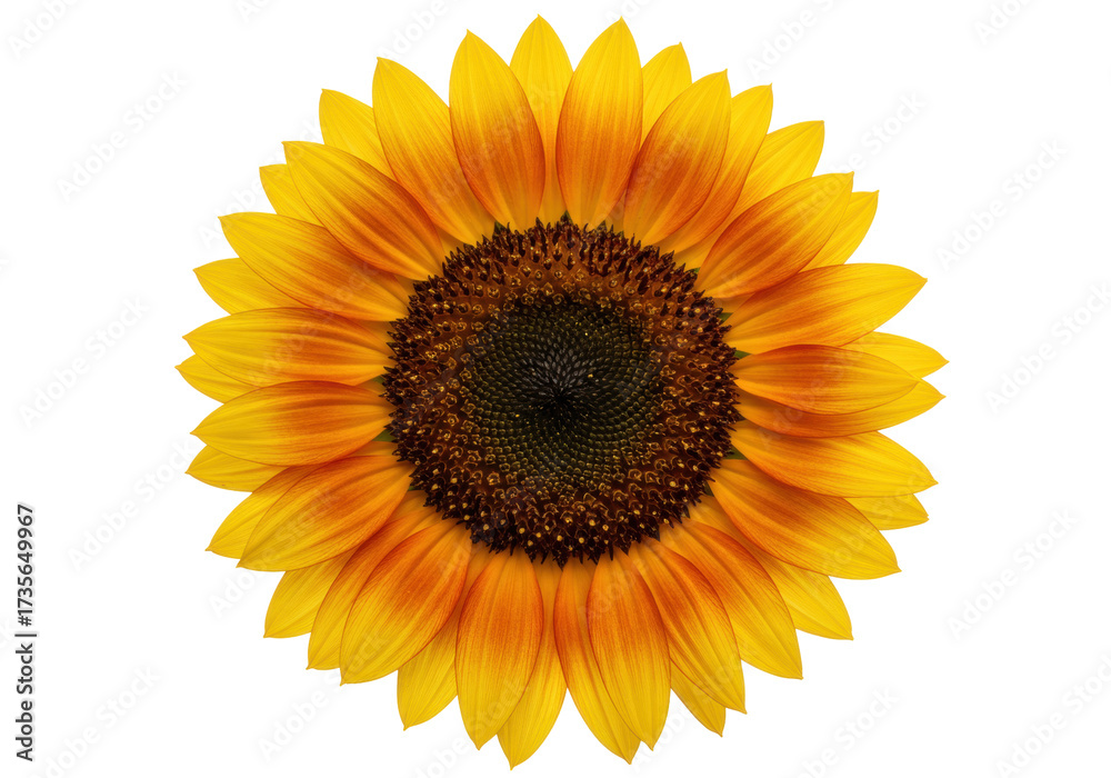 Fototapeta premium Vibrant yellow and orange sunflower isolated on transparent background, detailed floral blossom in full bloom PNG