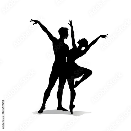 Ballet Silhouette: A graceful silhouette of a man and woman embodies elegance. They move together and perform a balletic dance in the studio.
