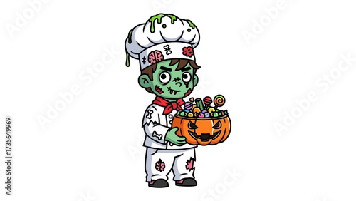Spooky Chef's Halloween Treat: A playful cartoon illustration depicts a chef zombie, bringing a humorous touch to Halloween, holding a pumpkin filled with colorful candies and wearing a chef's hat. 