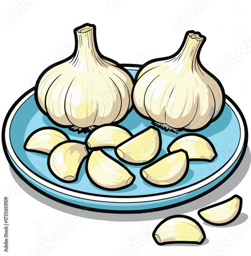 Fresh Garlic Bulbs and Cloves on a Blue Plate.