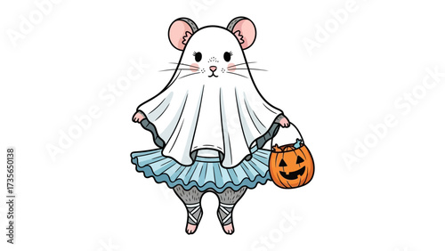Spooky Mouse Ballet Performance: a delightful cartoon illustration, showcasing a mouse, adorned in a whimsical ghost costume and ballet attire, clutching a festive pumpkin bag