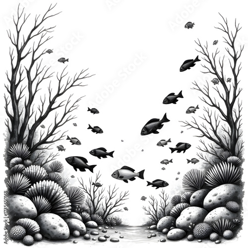 Underwater Wonderland: A whimsical grayscale illustration of a serene underwater scene, teeming with schools of fish, meandering among rocks, aquatic plants, and trees. 