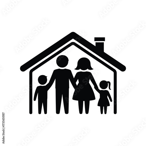 Stylized silhouette of a family inside a house outline