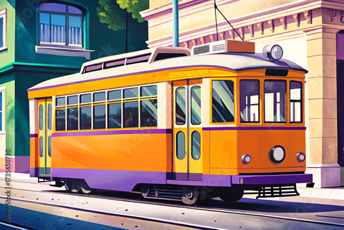 Orange streetcar detailed and isolated against a clean pure city background, showcasing its classic timeless design, illustrated in professional high-quality vector style, perfect for stock imagery