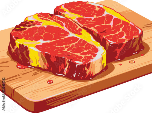 Illustration of Two Fresh Raw Beef Steaks on a Cutting Board.
