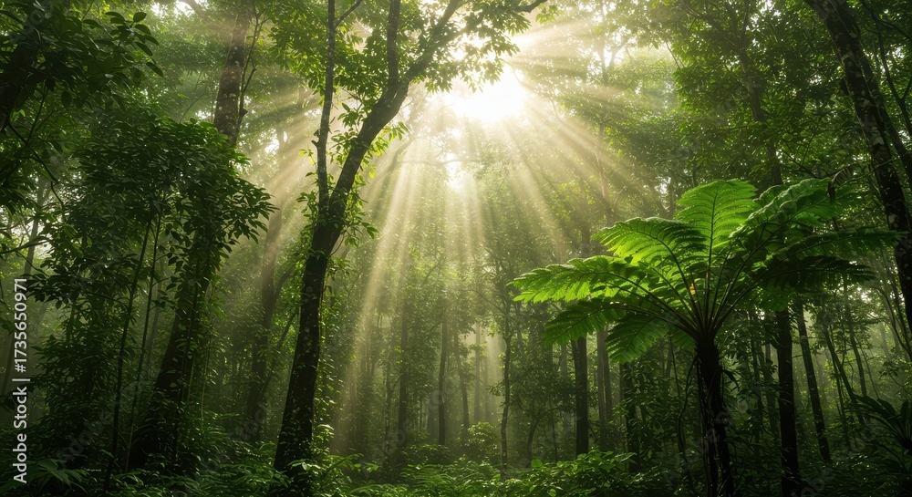 Obraz premium Sunlight streams through trees in a tropical rainforest, creating a serene scene