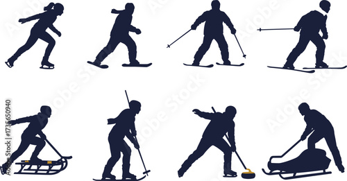 Winter sports silhouettes, ice skating, snowshoeing, skiing, sledding, curling, bobsledding, hockey, cold weather activities, outdoor fun, motion path illustration