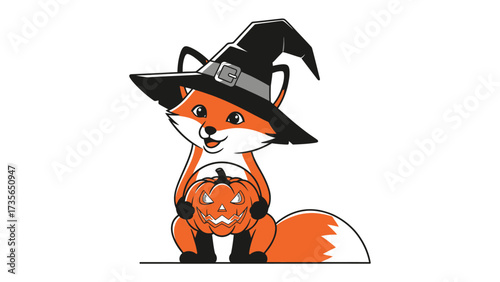 Spooky Fox with Pumpkin: A cheerful cartoon fox, adorned with a witch hat, gleefully clutches a carved pumpkin, ready for Halloween mischief and delight.