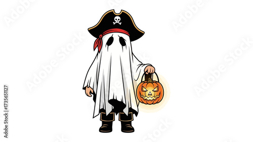 Pirate Ghost Halloween: A whimsical illustration presents a ghostly figure donned in a pirate hat, holding a jack-o'-lantern, capturing the playful essence of Halloween.