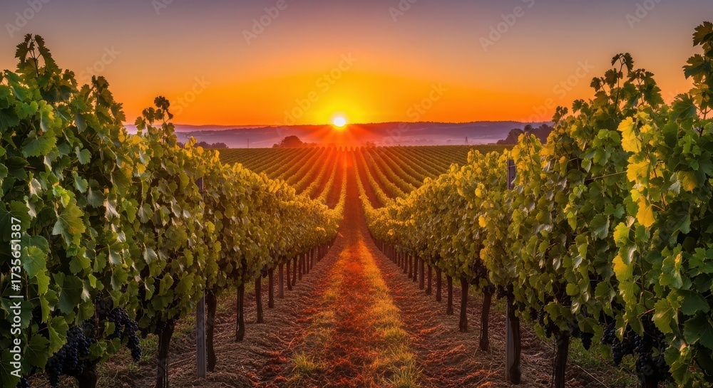 Fototapeta premium Vineyard rows at sunrise with sun shining over the horizon in the distance
