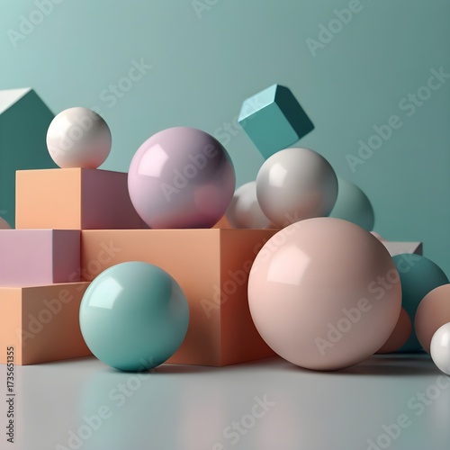 Minimal modern workspace with abstract 3D shapes (geometric cubes, spheres) on a clean background, futuristic office design, pastel tones,Generative Ai
