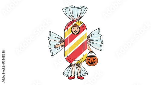 Sweet Treat Costume: A child in a creative costume dressed as a candy stands proudly, holding a jack-o'-lantern bucket, ready for a delightful trick-or-treat adventure.