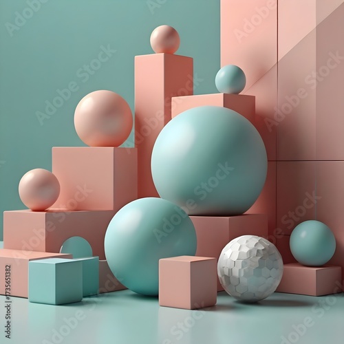 Minimal modern workspace with abstract 3D shapes (geometric cubes, spheres) on a clean background, futuristic office design, pastel tones,Generative Ai

