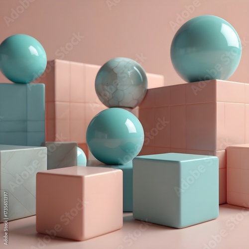 Minimal modern workspace with abstract 3D shapes (geometric cubes, spheres) on a clean background, futuristic office design, pastel tones,Generative Ai
