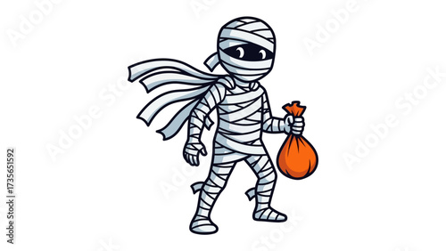 Mummy with Sack: A cartoon mummy holding a sack stands, embodying a spooky atmosphere with an orange sack in hand.