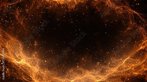 An ethereal fiery ring of glowing energy surrounds a dark void, filled with tiny sparks on a black backdrop