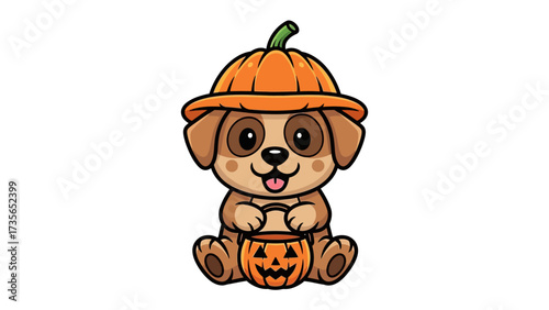 Adorable Halloween Pup: A cute pup embodies the spirit of Halloween, wearing a charming pumpkin hat and clutching a carved jack-o'-lantern, radiating joy and fun.