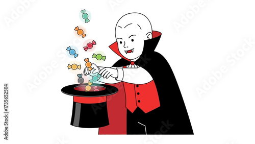 Magician's Trick: A whimsical magician, clad in a classic cape and top hat, levitates colorful candies, creating a scene of playful illusion and enchantment.