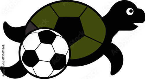 A cute cartoon illustration of a black turtle with a green shell next to a soccer ball.