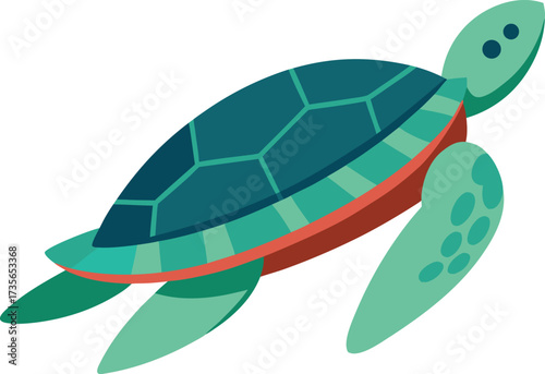 A stylized vector illustration of a green sea turtle swimming, depicted with a patterned shell and large flippers on a white background.