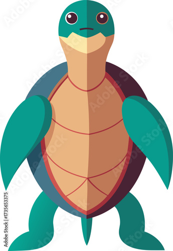 A stylized, flat vector illustration of a sea turtle standing upright and facing forward, depicted in shades of teal and beige.