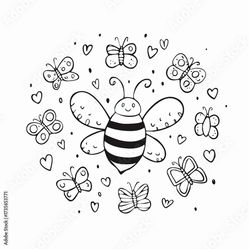 Cute bee surrounded by butterflies and hearts in a doodle style illustration.