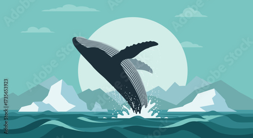 Whale breaching in ocean with icebergs and mountains in background,  for marine conservation campaigns and educational materials 
