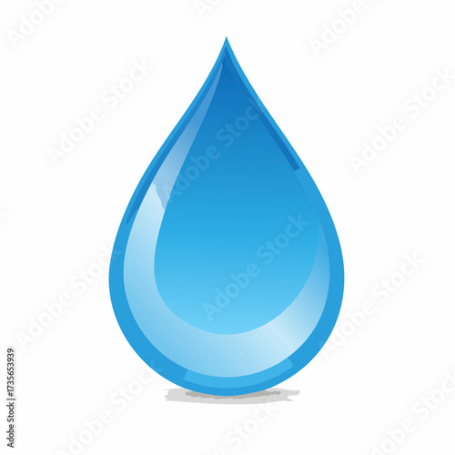 A single blue water droplet with light reflecting off of its surface.