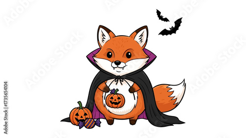 Spooky fox in Halloween: A cute fox dressed in a vampire costume embraces the spooky season, surrounded by Halloween-themed elements such as pumpkin.