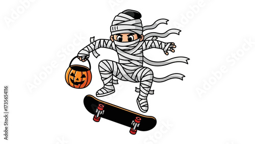 Mummy on a Skateboard: A playful illustration featuring a cartoon mummy balancing mid-air on a skateboard, with a pumpkin bucket in hand, embodying the spirit of Halloween and youthful energy.