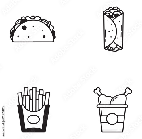 Delicious food icons including tacos burrito french fries and fried chicken bucket illustration