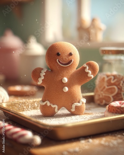 Gingerbread man in claymation  waving on baking sheet