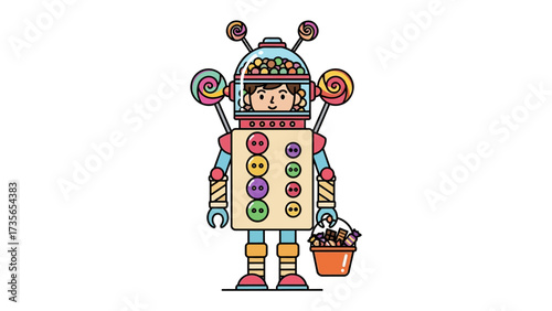 Robot Costume Illustration: A child dressed in a fanciful robot costume, featuring colorful details, is holding a bucket of candies against a plain backdrop.
