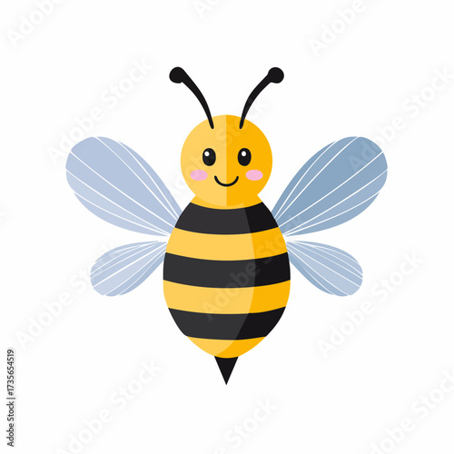 Cartoon illustration of a cute bee with yellow and black stripes and blue wings.