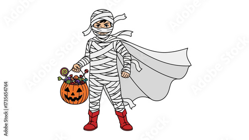 Mummy Kid's Halloween: A whimsical mummy costume is being worn by a young person while carrying a jack-o'-lantern bucket on Halloween.
