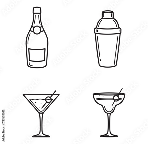 Elegant black and white cocktail and champagne icons for celebrations and events