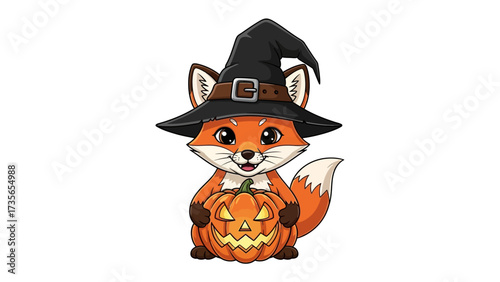 Cute Fox with Halloween Pumpkin: A charming fox, adorned in a witch hat, holds a carved pumpkin. It's a delightful image perfect for autumn or spooky season designs.