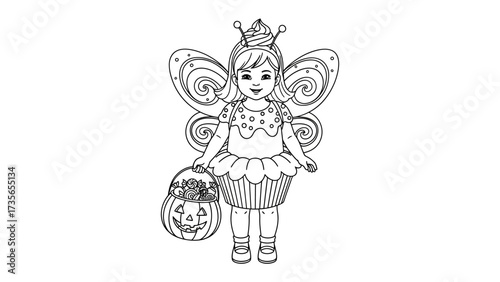 A whimsical character in fantasy form : A young, costumed girl embodies a fairy, adorned with a cupcake hat and dress, holding a jack-o'-lantern.