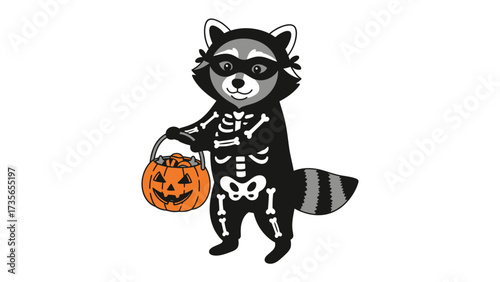 Raccoon in Halloween Costume: A whimsical raccoon, decked out in a spooky skeleton costume, gleefully holds a jack-o'-lantern pail.