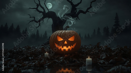 Quadro su tela Eerie glowing jack-o'-lantern with candlelit ambiance for chilling Halloween cel