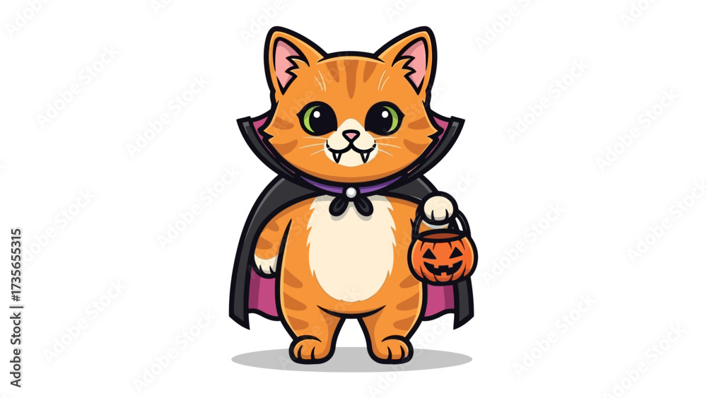 Obraz premium Spooky Feline: A cartoonish orange tabby cat dons a black cape, ready for Halloween night with a carved pumpkin bucket. This cute illustration brings the playful spirit of Halloween to life.