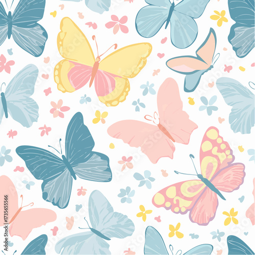 Seamless pattern with colorful butterflies and flowers on white background.